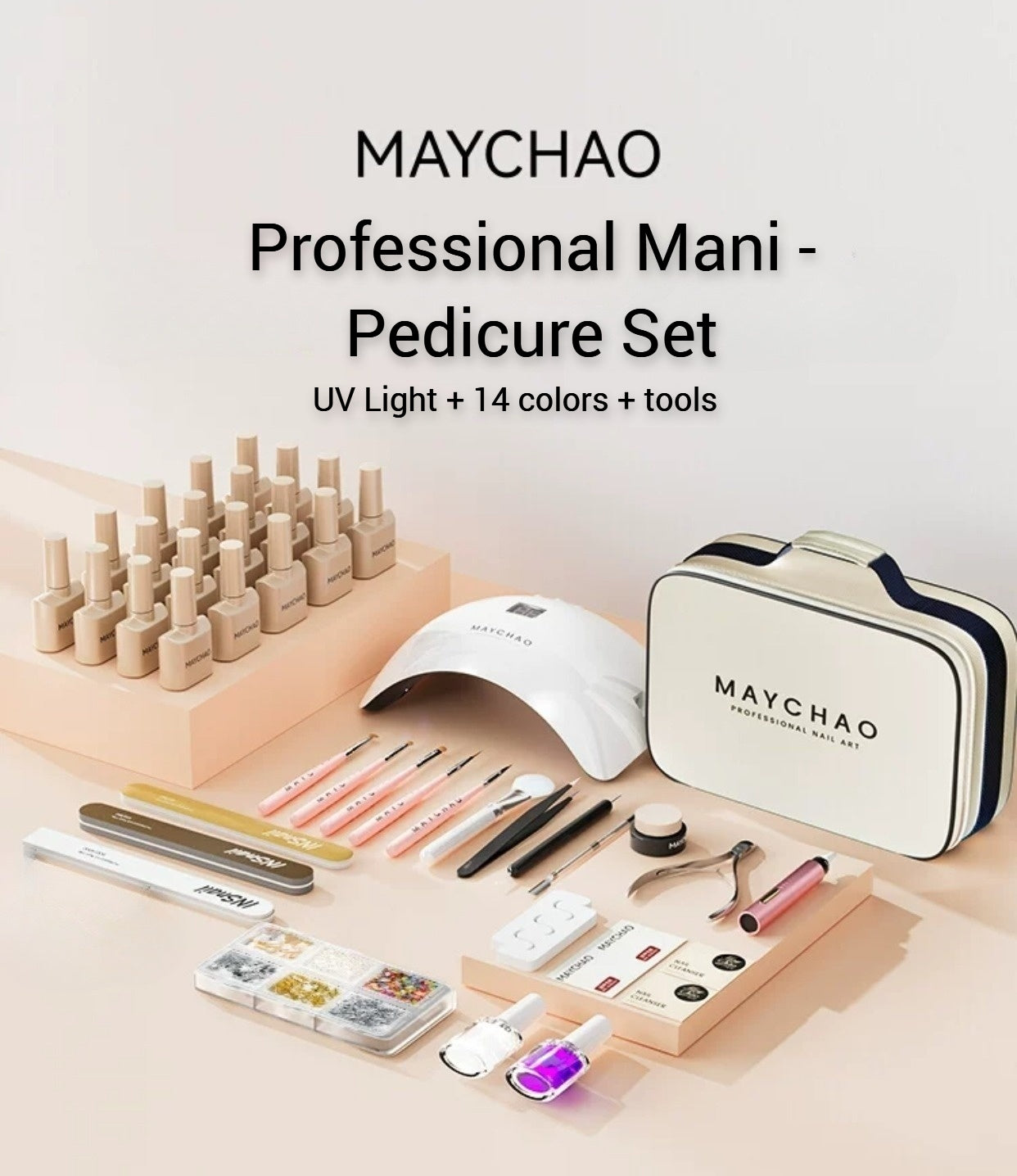 【Get it in 24hrs】MAYCHAO Professional Manicure Pedicure Kit with 14 colors LED Light brushes top base coats