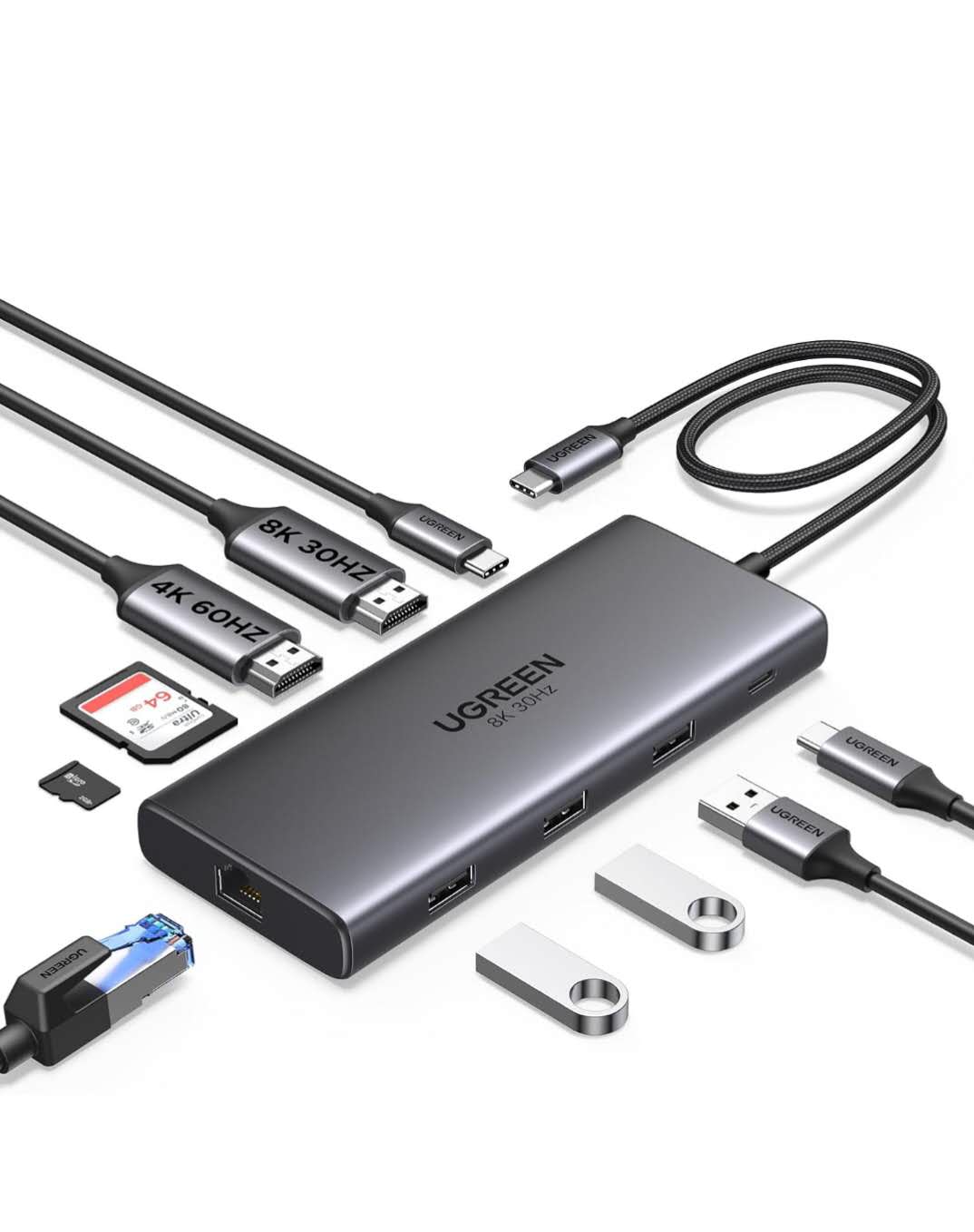 UGREEN Revodok Pro USB C Hub 10-in-1 Dual Monitor Docking Station with Single 8K@30Hz Dual HDMI 4K@60Hz, SD Card Reader, Rj45 Port, USB A and Type C Port,100W PD Charging for Windows/MacBook/Tablet