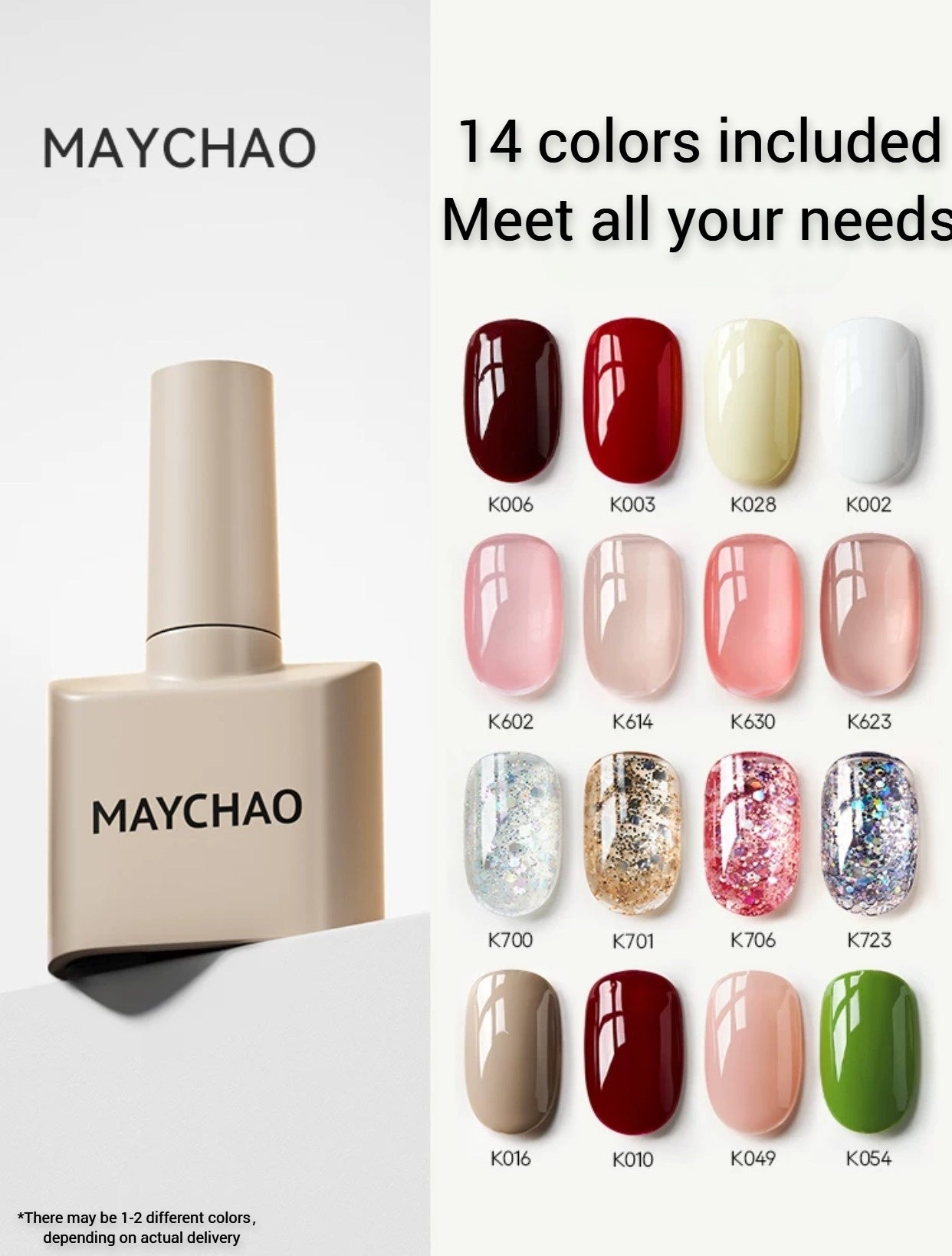【Get it in 24hrs】MAYCHAO Professional Manicure Pedicure Kit with 14 colors LED Light brushes top base coats